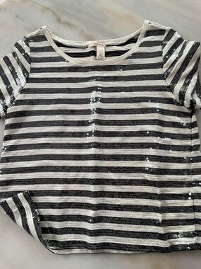 DKNY Black & White Striped Sequin Short Sleeve Tee size M
